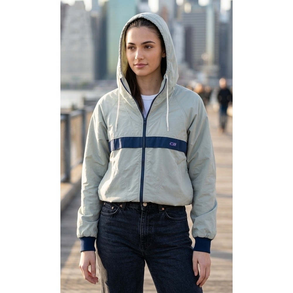 Y2K CB Sports Vintage Full Zip Windbreaker Jacket Women's XXL Gray Navy Hooded